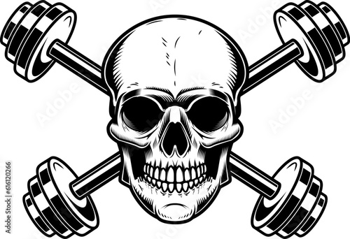 Skull with crossed gym barbells. Gym consept. Design element for logo, label, sign, poster.