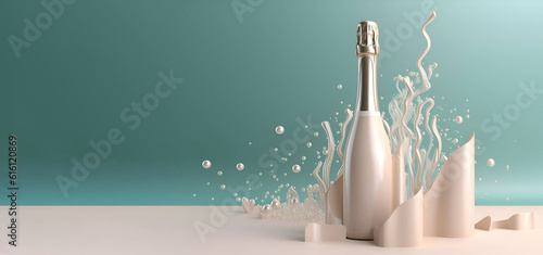 A bottle of champagne on a blue background, banner, Generative AI photo