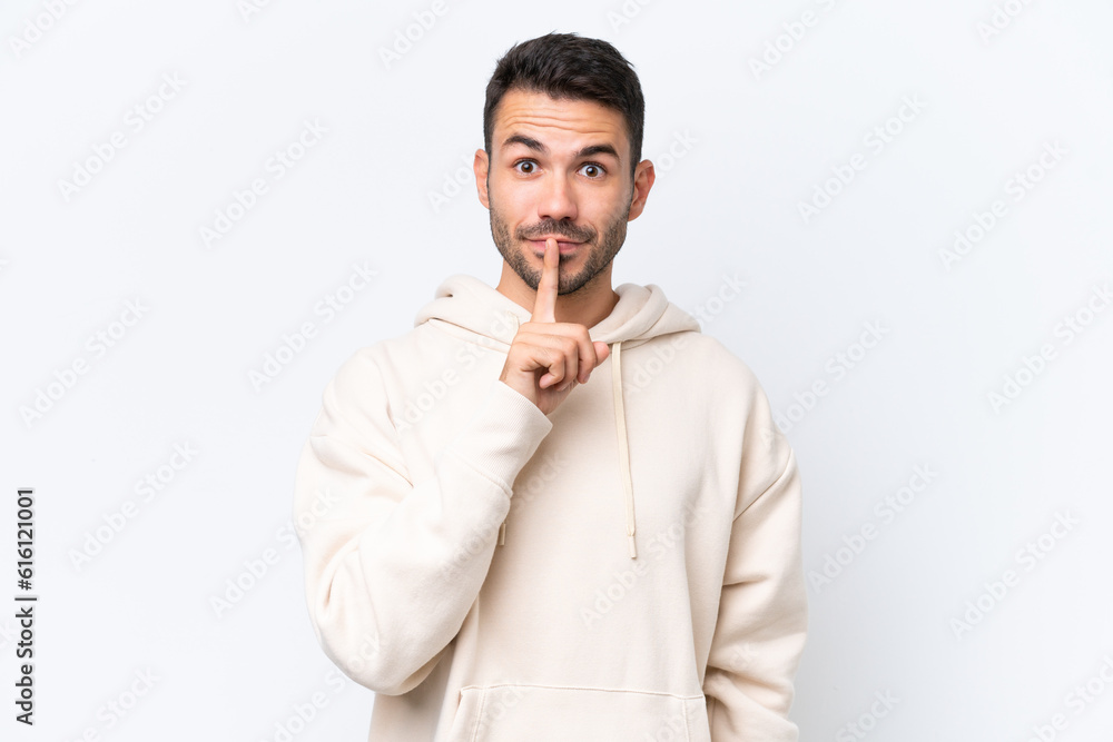 Young caucasian man isolated on white background showing a sign of silence gesture putting finger in mouth Young caucasian man isolated on white background showing a sign of silence gesture putting finger in mouth