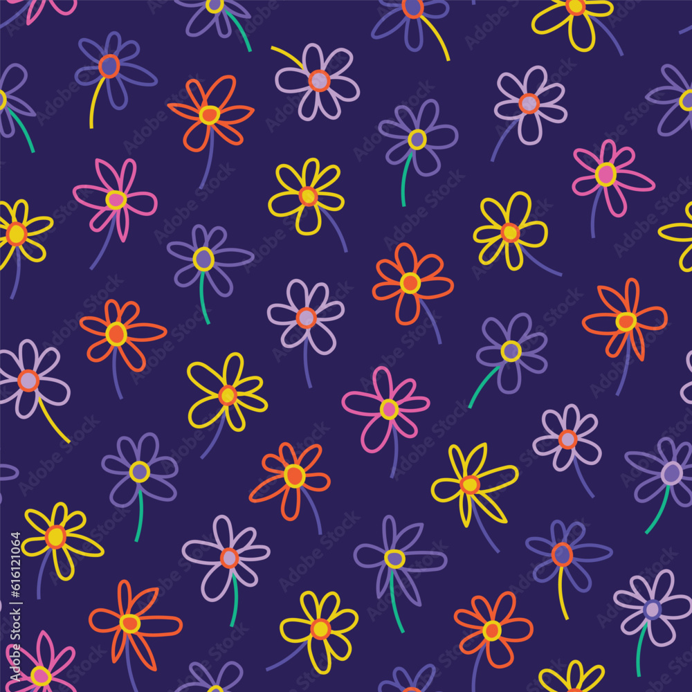 Seamless pattern of simple flowers. Collection of hand drawn natural elements. thin line Florals. simple Print on a violet background Seamless pattern of simple flowers. Collection of hand drawn natural elements. thin line Florals. simple Print on a violet background
