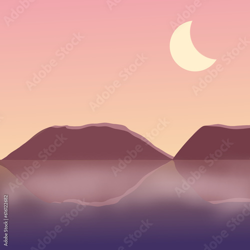 Mountain lake view with moon night sky graphic wallpaper background