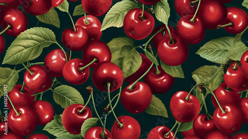 Vector illustration of sweet cherry berries texture. Cherry pattern for printing on fabric, paper, wallpaper. Ripe 3d cherry illustration. Abstract cherry print, banner. Fruit berry background.