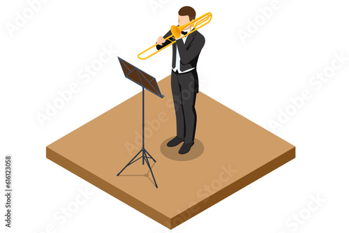 Isometric trombone orchestra brass instrument. Male musician playing a trombone
