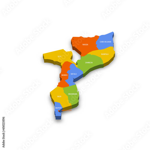 Mozambique political map of administrative divisions - provinces and capital city of Maputo. Colorful 3D vector map with country province names and dropped shadow.