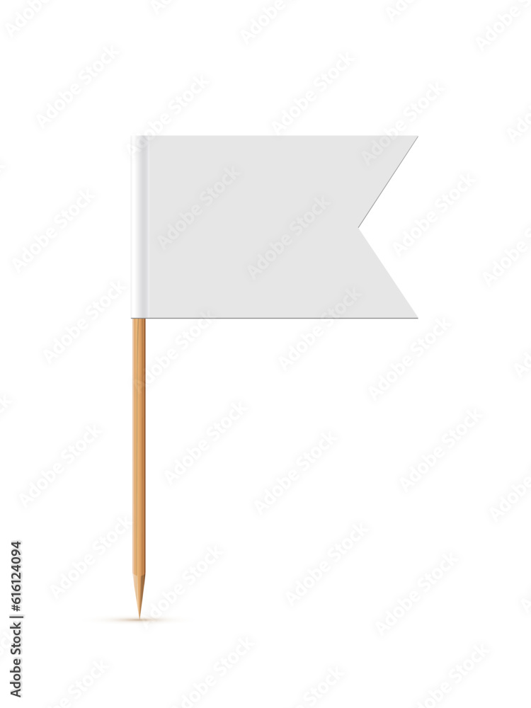 White flag on wooden toothpick. Paper topper for cake or other food isolated on white background. Blank mockup for advertising and promotions, location mark, map pointer White flag on wooden toothpick. Paper topper for cake or other food isolated on white background. Blank mockup for advertising and promotions, location mark, map pointer