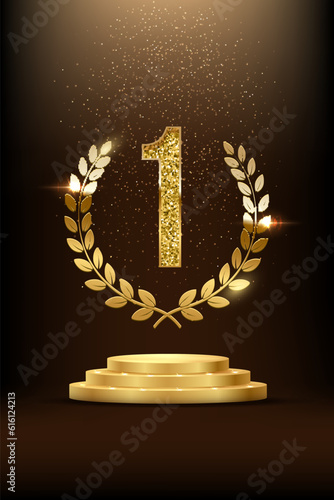 Winners podium with golden number one and laurel wreath with glitter light effect vector illustration. 3D realistic gold confetti and illumination fall on pedestal to celebrate first place of champion