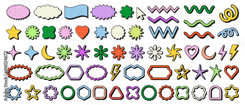 Cool Abstract Geometric Shapes. Trendy Y2K Retro Badges Vector Design. Sticker Label Elements. Minimal Frame Patch.