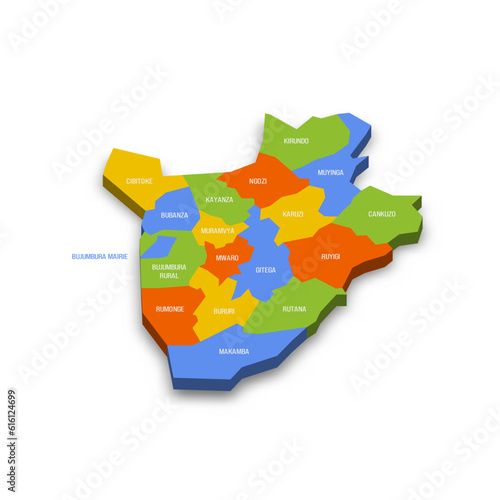 Burundi political map of administrative divisions - provinces. Colorful 3D vector map with country province names and dropped shadow.