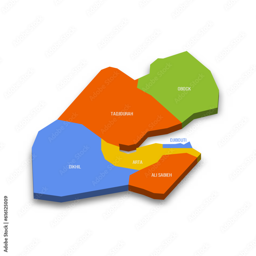 Djibouti political map of administrative divisions regions. Colorful