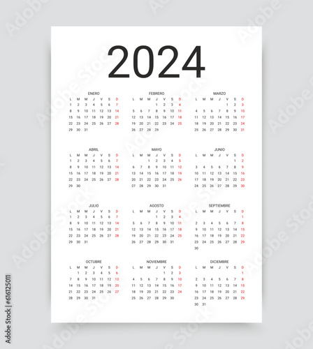 Spanish 2024 calendar for year. Week starts Monday. Pocket calender layout with 12 month. Yearly organizer. Scheduler template in simple design. Portrait orientation Paper size A4. Vector illustration