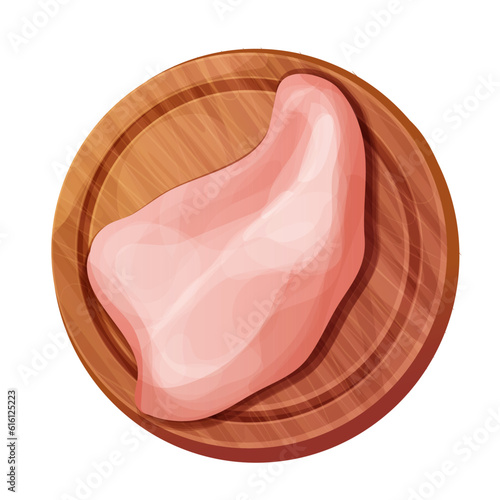 Chicken fillet meat part breast top view on wooden board in cartoon style isolated on white background. Boneless raw ingredient