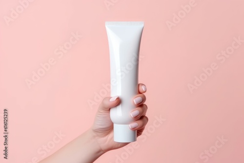 woman hands holding cosmetic cream white plastic tube mockup front view. AI Generative © dark_blade