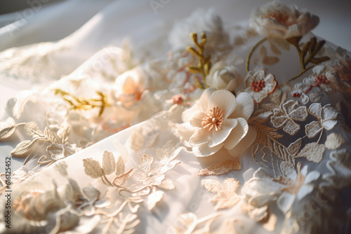 Close up of elegant flower embroidery on wedding dress. 