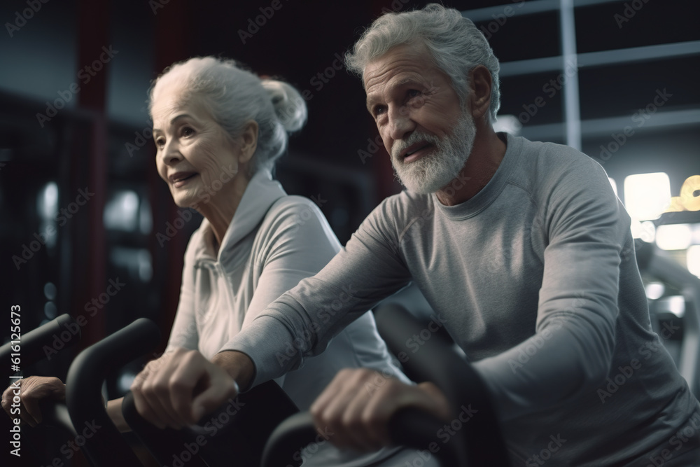 Senior woman and man in sportswear doing cardio exercise on elliptical machines at gym. - obrazy, fototapety, plakaty 