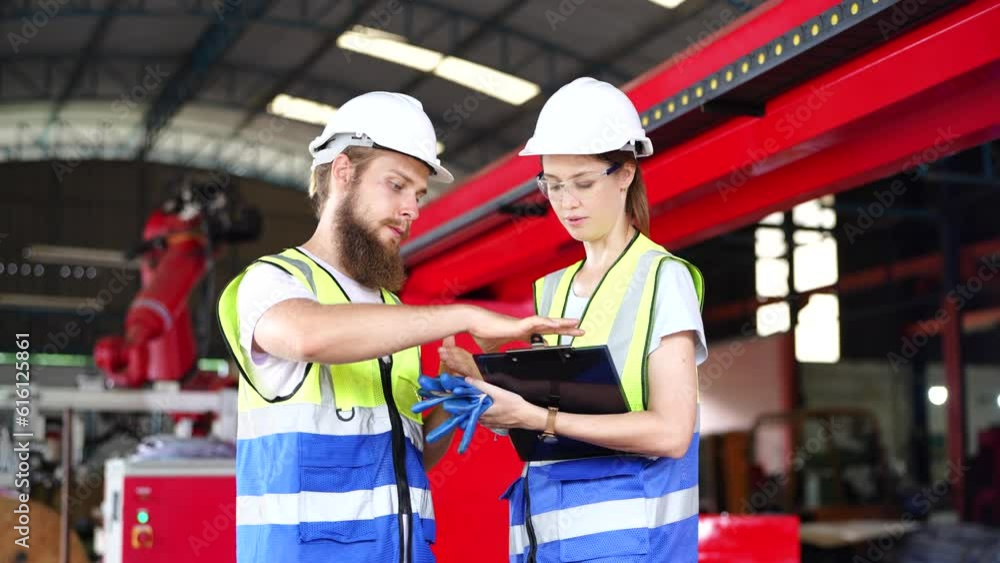 Technician programs a robot arm with a digital tablet and assembly robot in a factory. Apprentice engineers programming robots in factory. Technician programs a robot arm with a digital tablet and assembly robot in a factory. Apprentice engineers programming robots in factory.