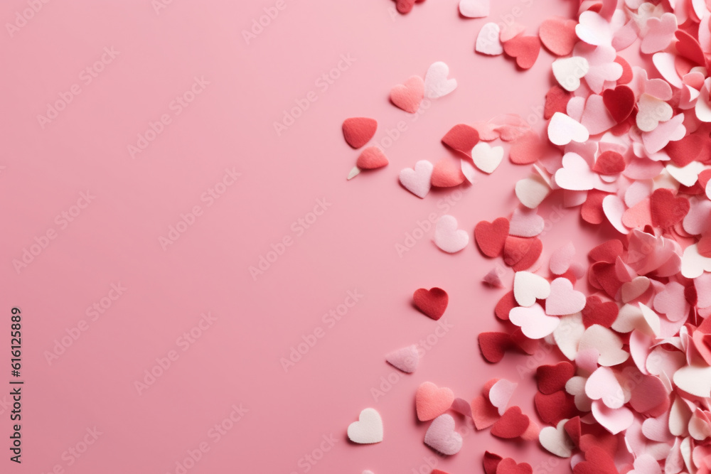 close up of flying hearts confetti on a bright pink background created with AI generative tools