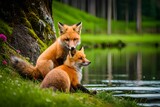 foxes sitting near the lake in forest generated AI