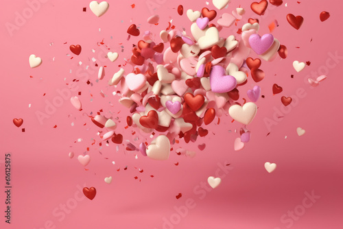 close up of flying hearts confetti on a bright pink background created with AI generative tools