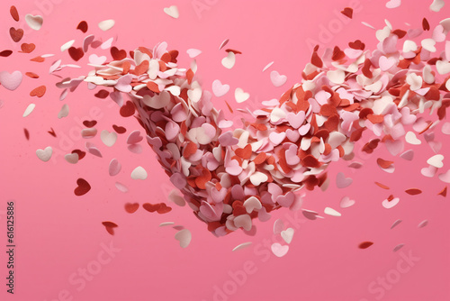 close up of flying hearts confetti on a bright pink background created with AI generative tools