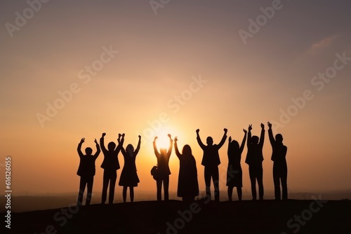 Photo silhouette of happy business team making high hands in sunset sky background. Generative AI