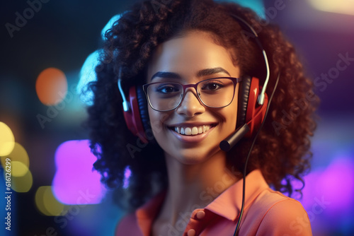 Headsot of friendly African American mixed-race woman in headset, smiling at camera working in the customer service office as call center agent.