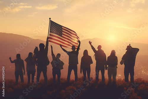 Group of people with American flag standing against sunset on the mountain. 4th July Concept