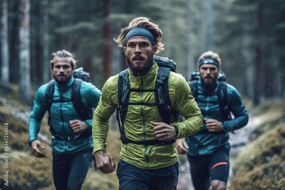 Fototapeta premium Three men practicing hiking in the wild forest nature with backpacks on their backs Generative AI Illustration