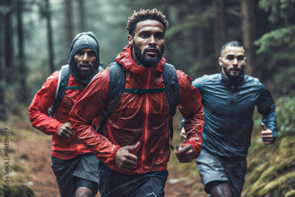 Fototapeta premium Three men practicing running in the wild forest nature with backpacks on their backs Generative AI Illustration