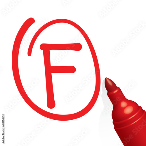 f grade paper, fail, red pen, vector illustration 
