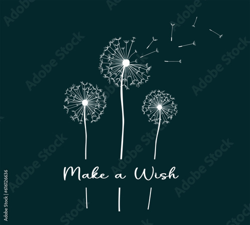 Make a wish slogan with cute dandelion flowers and seeds blowing, vector for fashion, card, poster, stciker prints