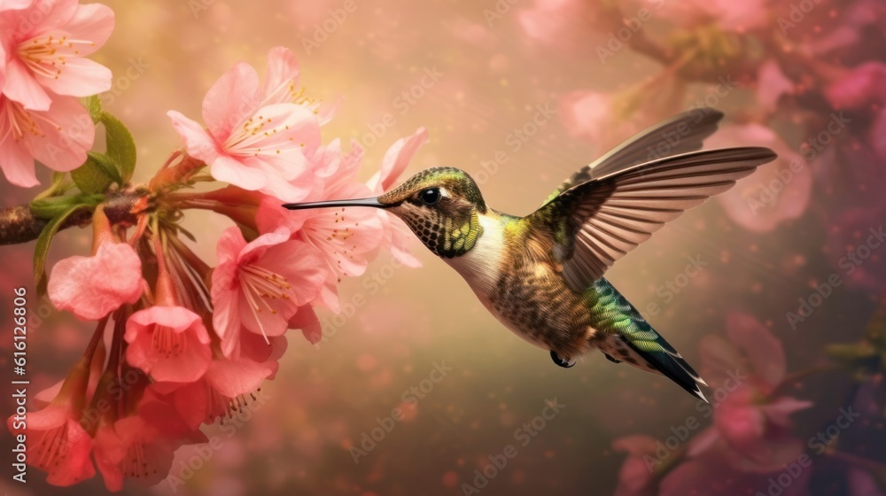 Fototapeta premium A Hummingbird's Journey through the Enchanting Pink Bokeh Forest.