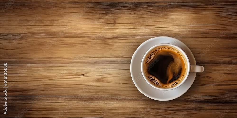 Minimalistic Workspace. White Coffee Cup on Top view Wooden Table Minimalistic Workspace. White Coffee Cup on Top view Wooden Table