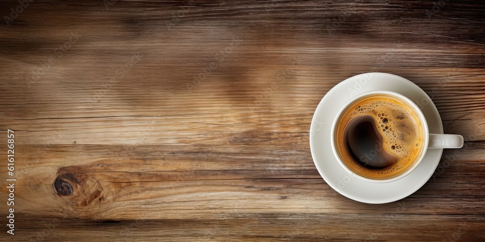 Minimalistic Workspace. White Coffee Cup on Top view Wooden Table Minimalistic Workspace. White Coffee Cup on Top view Wooden Table