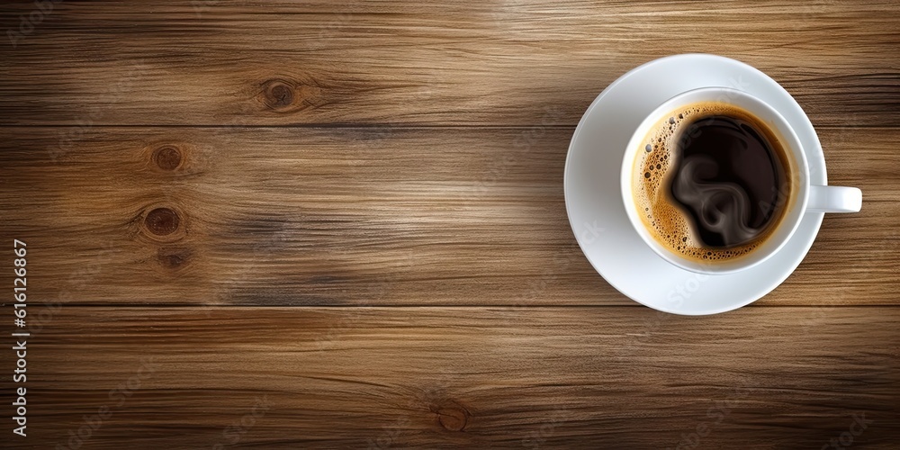Minimalistic Workspace. White Coffee Cup on Top view Wooden Table