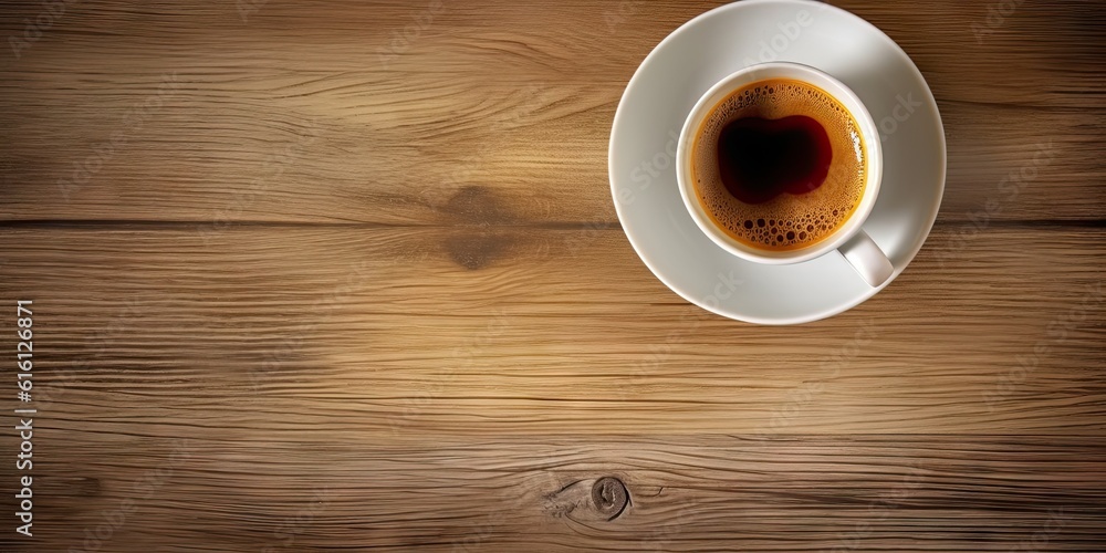 Minimalistic Workspace. White Coffee Cup on Top view Wooden Table Minimalistic Workspace. White Coffee Cup on Top view Wooden Table