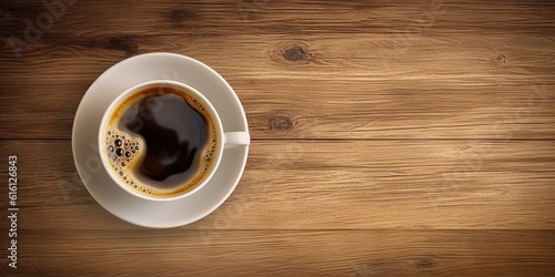 Minimalistic Workspace. White Coffee Cup on Top view Wooden Table