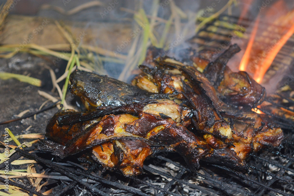 Close up portrait of burning catfish. It looks so delicious. Close up portrait of burning catfish. It looks so delicious.