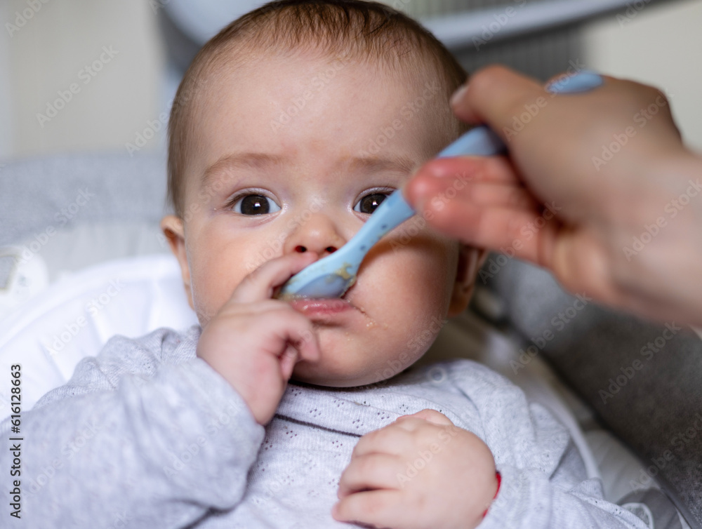 cute adorable boy child eating food from jar mashed puree.mother woman hand feeding infant toddler.top view,kid having fun tongue out,sitting in swing crib.food diversification cute adorable boy child eating food from jar mashed puree.mother woman hand feeding infant toddler.top view,kid having fun tongue out,sitting in swing crib.food diversification