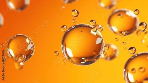 golden background with liquid and drops.Oil bubbles and drops splash. Generative AI