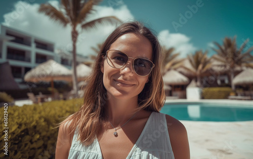 Lifestyle portrait of woman traveling, tropical resort pool scene, Generative AI