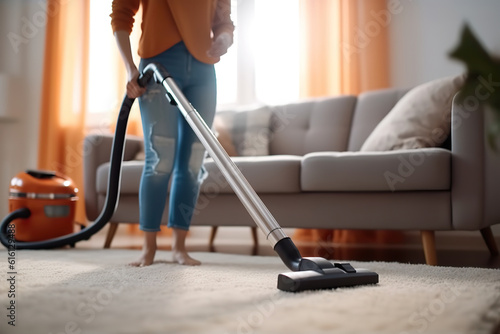 Woman Vacuuming the Floor.