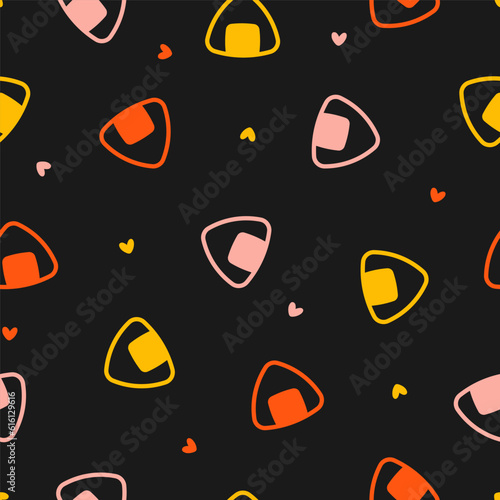 Seamless pattern with colorful onigiri balls and black background