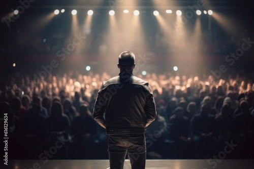 speaker in a leather jacket on stage, rear view. The worker speaks to the audience .Generative AI. 