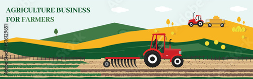 Farm tractor icon illustration with wheat field in the background. Agriculture and Farming. Agribusiness Tracktor. Rural landscape. Design elements for info graphic, websites and print media. Tractor 
