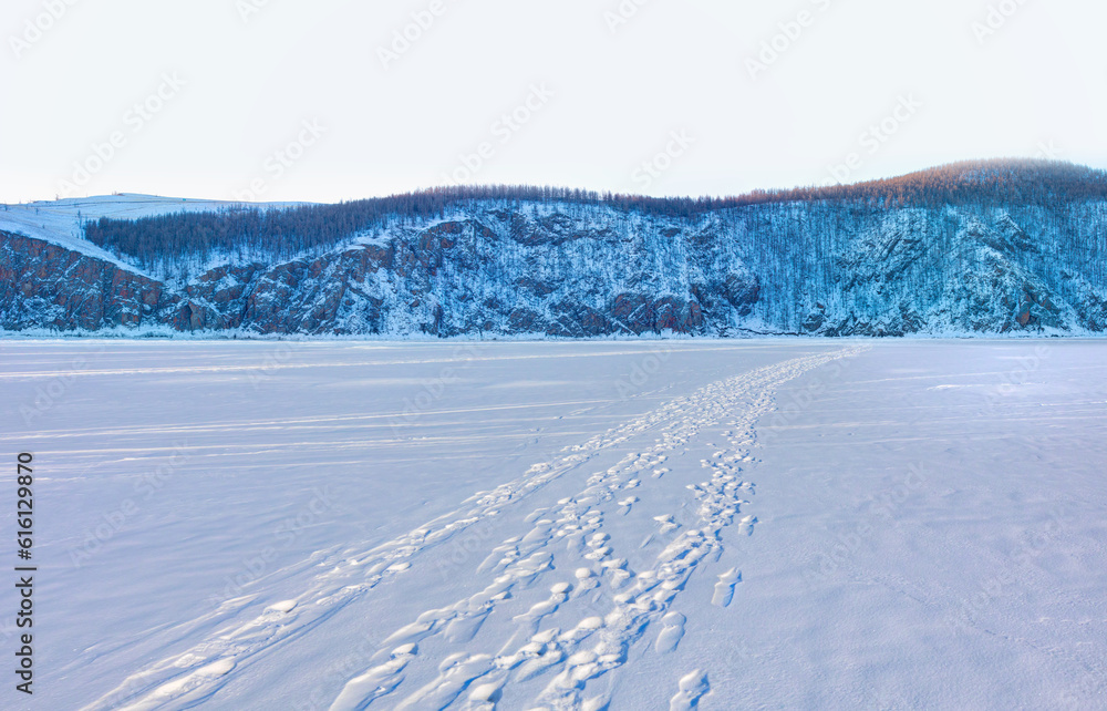 Footprints of many people stepping on the snow - Baikal Lake, Siberia