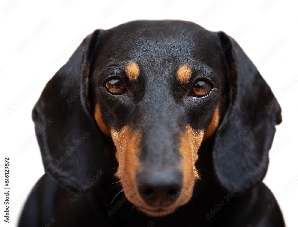 Dog, black dachshund on a white background, close-up