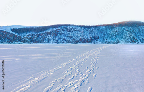 Footprints of many people stepping on the snow - Baikal Lake, Siberia