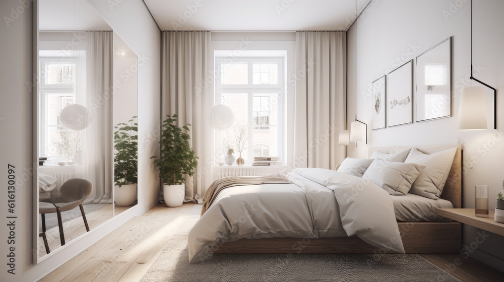 Fototapeta premium Master bedroom of a Scandinavian modern apartment. Bright and airy, with light wooden floors and minimalist decor. Generative AI