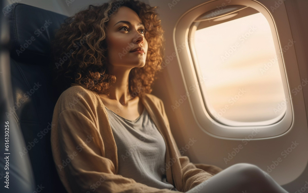 Lifestyle portrait of attractive woman with curly hair flying on airplane, Generative AI