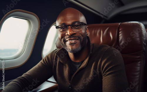 Lifestyle portrait of stylish black man wearing glasses flying on airplane, Generative AI © Elena